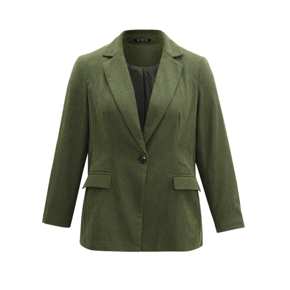 Plus Size Corduroy Suit Collar Button Up Flap Pocket Blazer ArmyGreen Women Work Plain Texture Sleeve Long Sleeve Suit Collar 26/4X Pocket Work From Home Blazers BloomChic Product Image