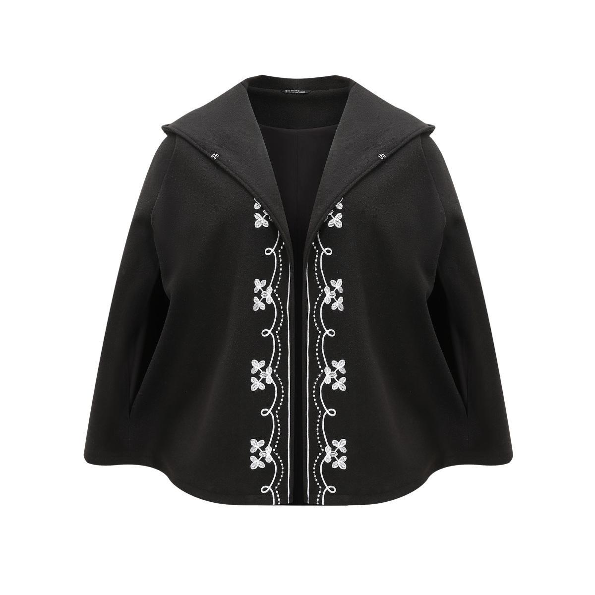 Plus Size Floral Embroidered Hooded Cape Kimono Women Black Casual Lined Loose Dailywear Kimonos BloomChic 10/M Product Image