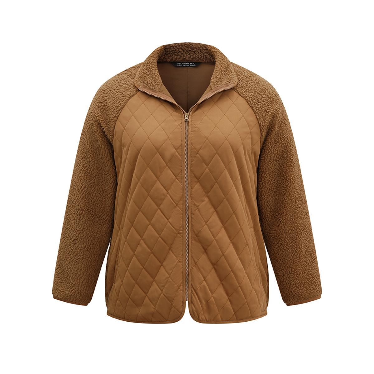 Plus Size Fuzzy Raglan Sleeve Quilted Zipper Fly Jacket Women Chocolate Casual Texture Ladies Dailywear Winter Coats BloomChic 28/5X Product Image