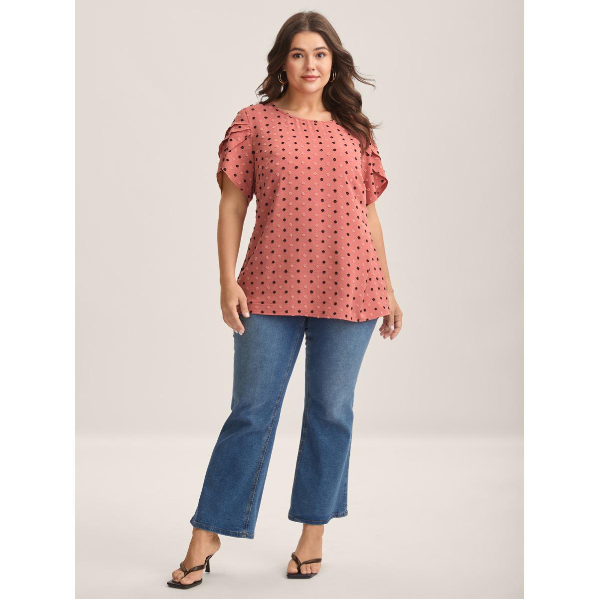 Plus Size Watermelon Textured Color Contrast Petal Sleeve Blouse Women Elegant Short sleeve Round Neck Everyday Blouses BloomChic 28/5X Product Image