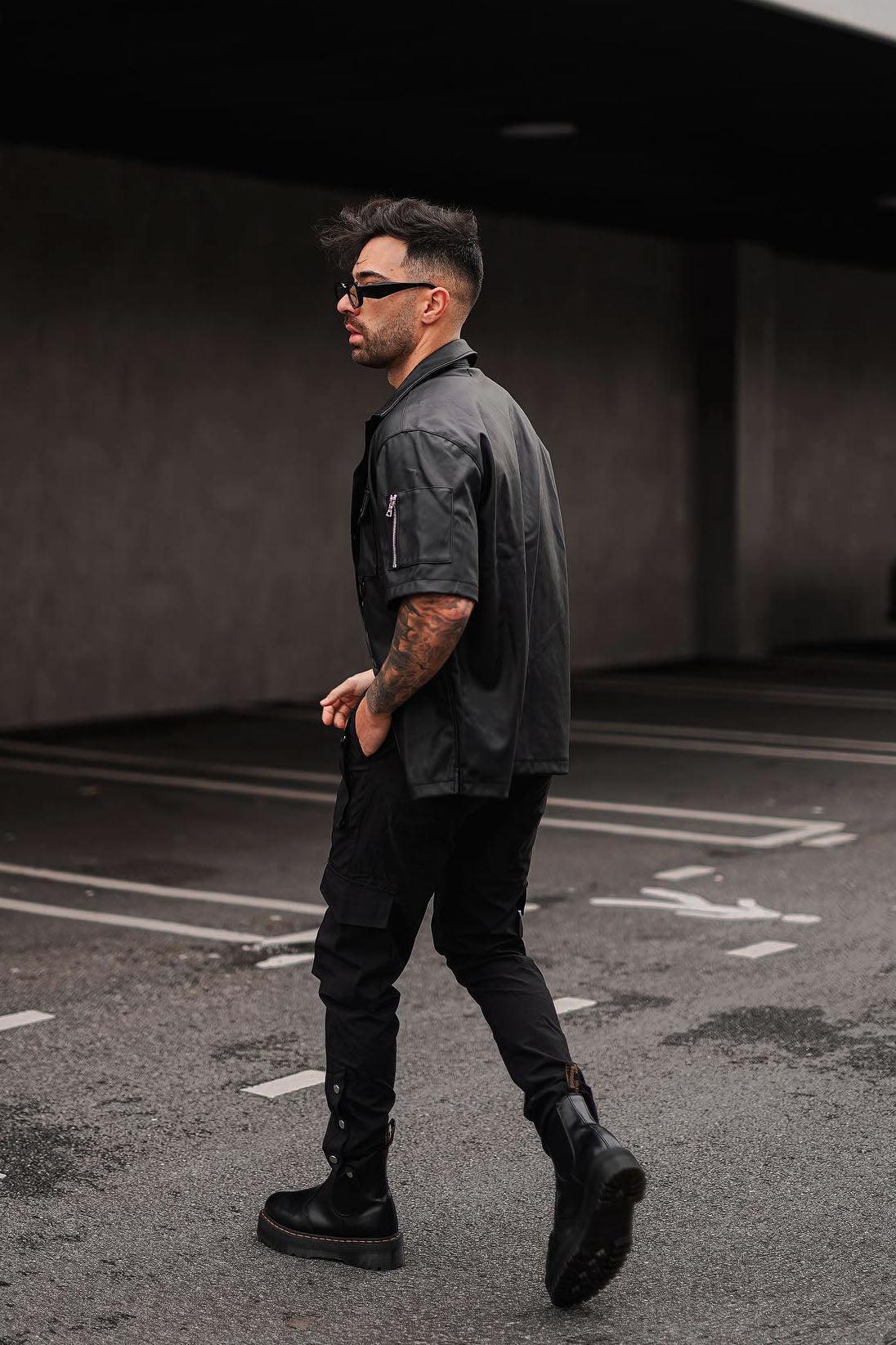 Utility Faux Leather Short Sleeve Button Up Shirt - Black Product Image