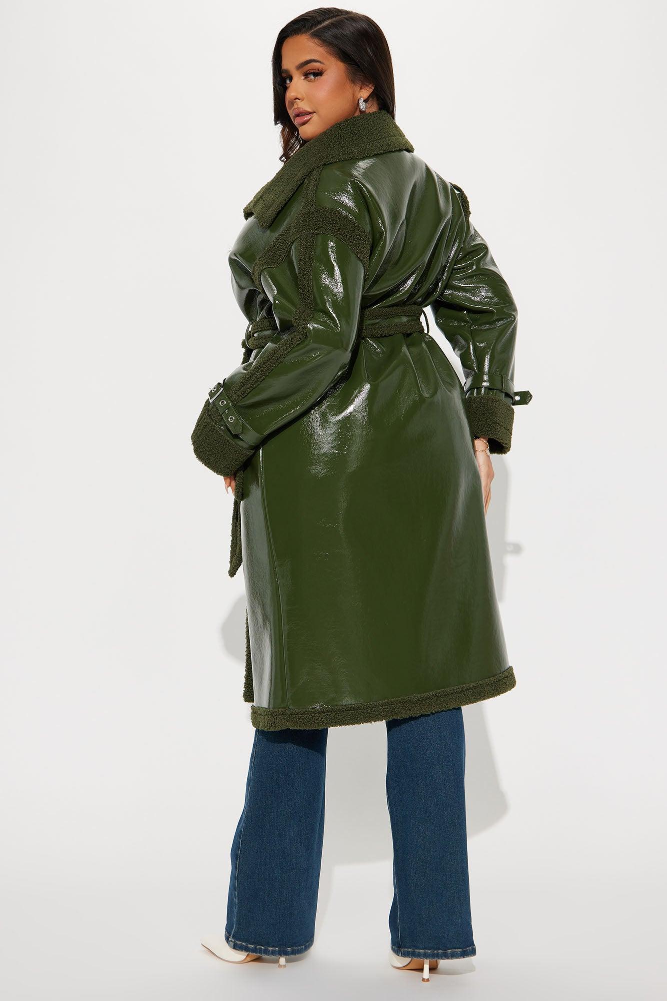 Bad Ideas Shearling Trench Coat - Olive Product Image