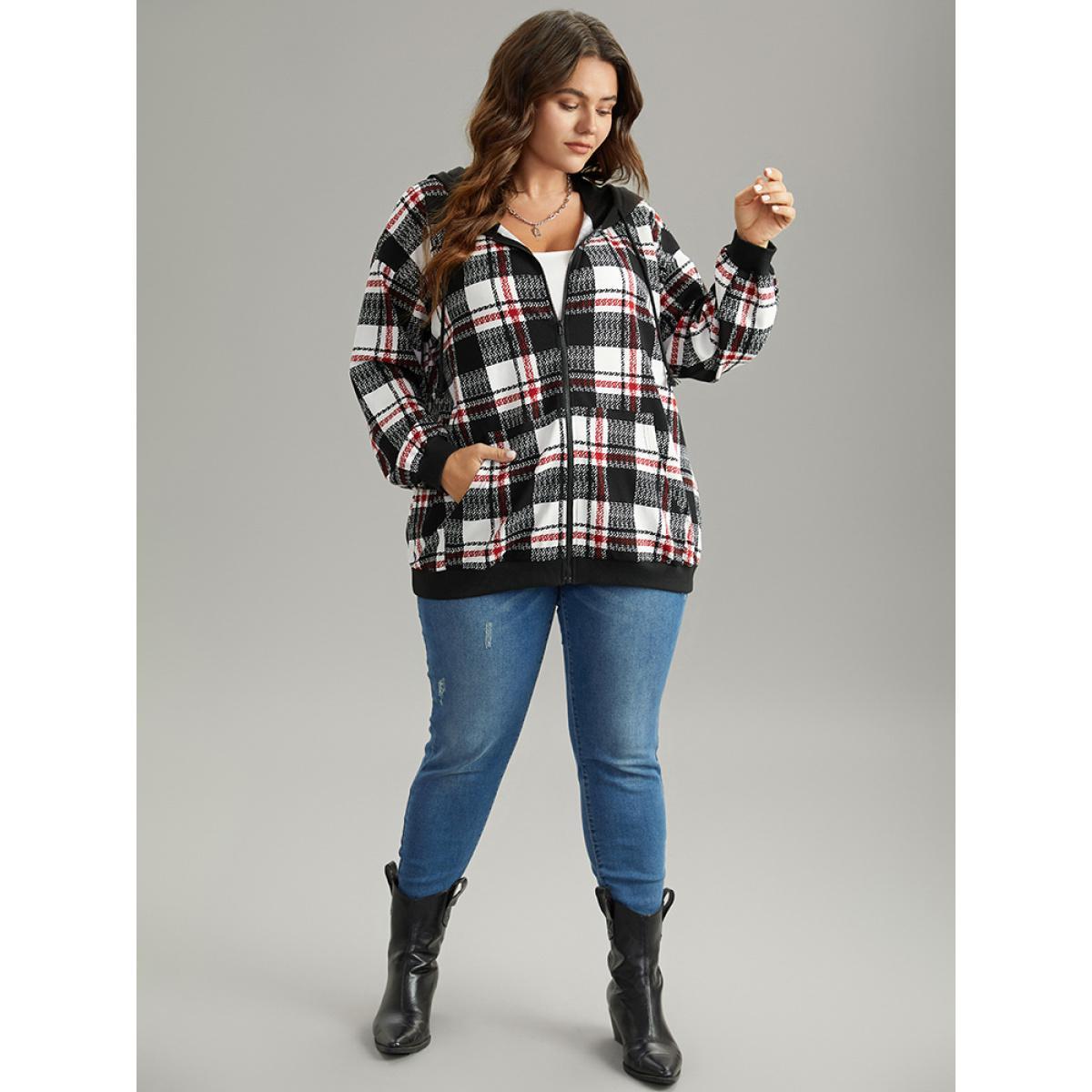 Plus Size Plaid Hooded Drawstring Zipper Sweatshirt Women Black Casual Elastic cuffs Hooded Dailywear Sweatshirts BloomChic 22-24/3X Product Image