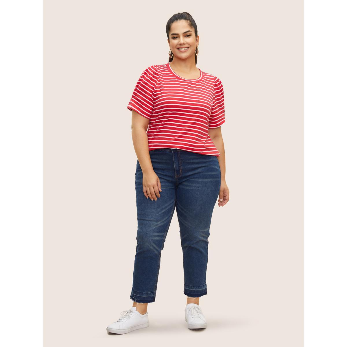 Plus Size Round Neck Striped Bishop Sleeve T-shirt Brightred Women Casual Gathered Round Neck Everyday T-shirts BloomChic 30/6X Product Image