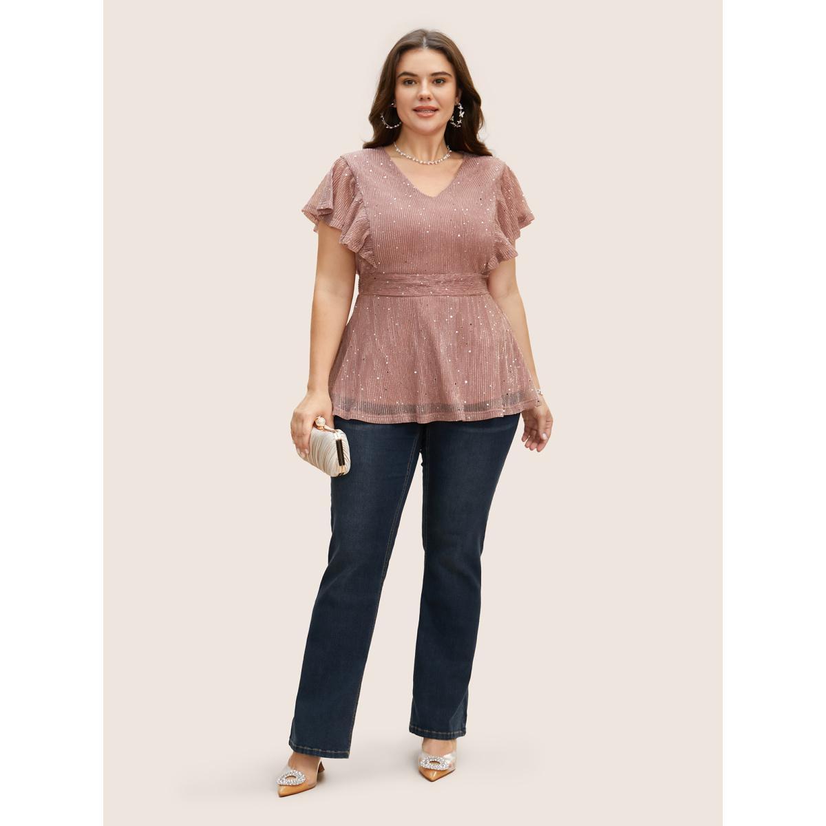 Plus Size Dirtypink Glitter Mesh V Neck Ruffle Cap Sleeve Blouse Women Formal Cap Sleeve V-neck Party Blouses BloomChic 18-20/2X Product Image