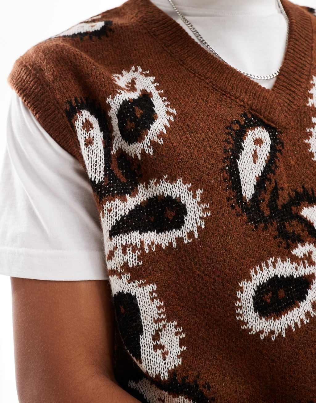 ASOS DESIGN relaxed knitted fluffy v-neck tank in brown paisley pattern Product Image