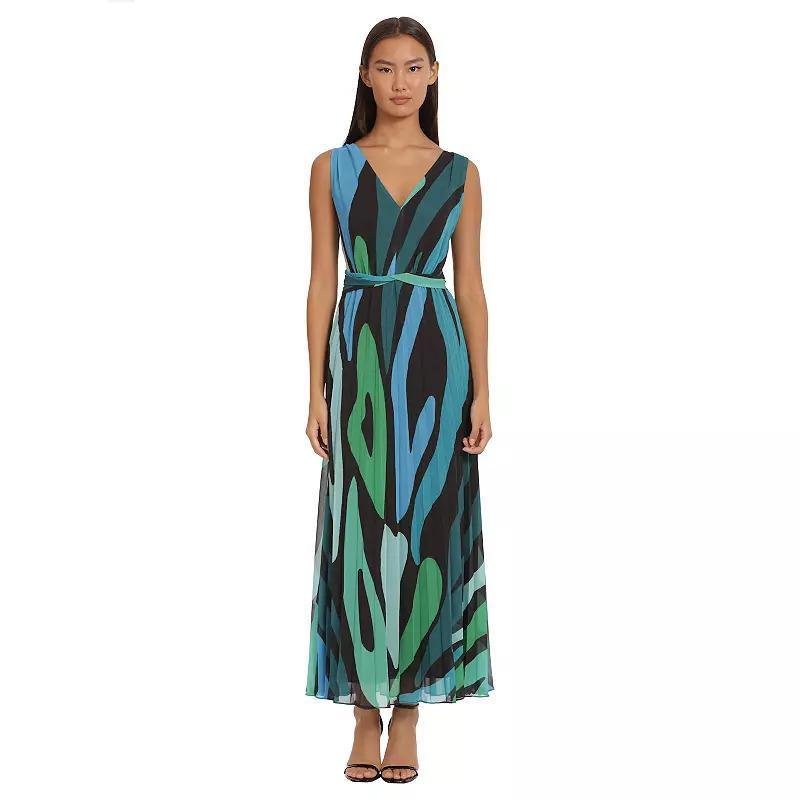 Women's London Times V-Neck Sleeveless Ruched Waist Pleated Maxi Dress, Size: 12, Blue Green Product Image