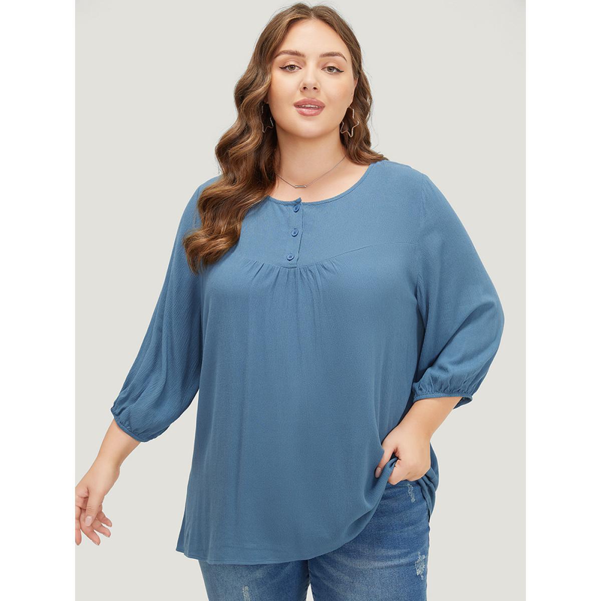 Plus Size Stone Plain Button Up Gathered Lantern Sleeve Blouse Women Elegant Elbow-length sleeve Round Neck Dailywear Blouses BloomChic 12/L Product Image