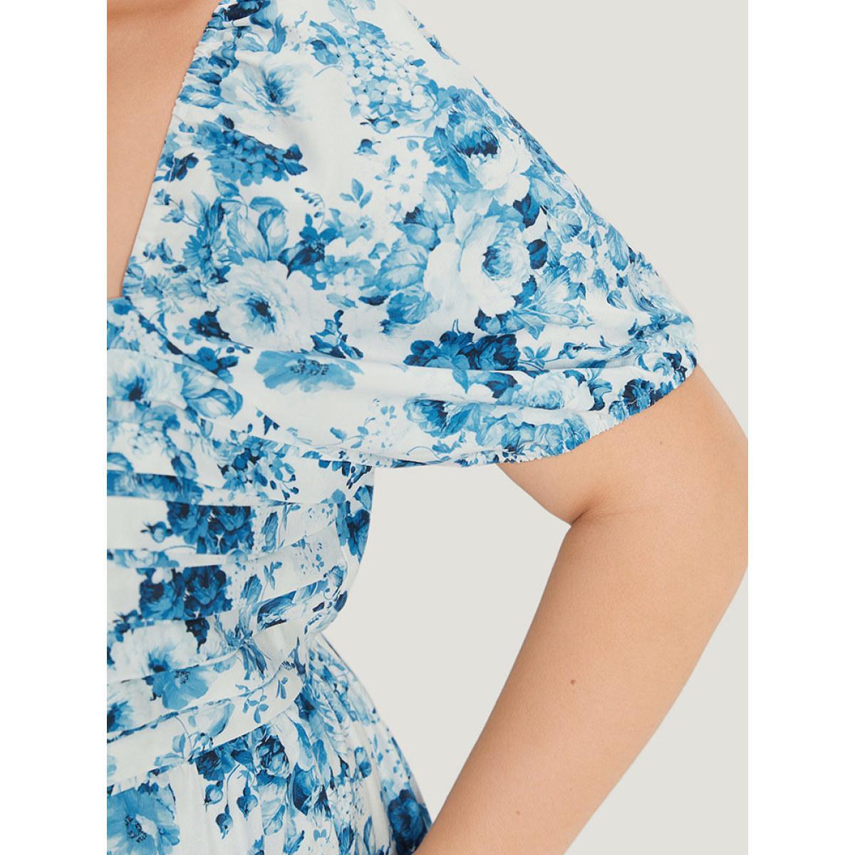 Plus Size Batik Plicated Detail Square Neck Puff Sleeve Dress Blue Women Elegant Elastic cuffs Square Neck Short sleeve Curvy Midi Dress BloomChic 14-16/1X Product Image