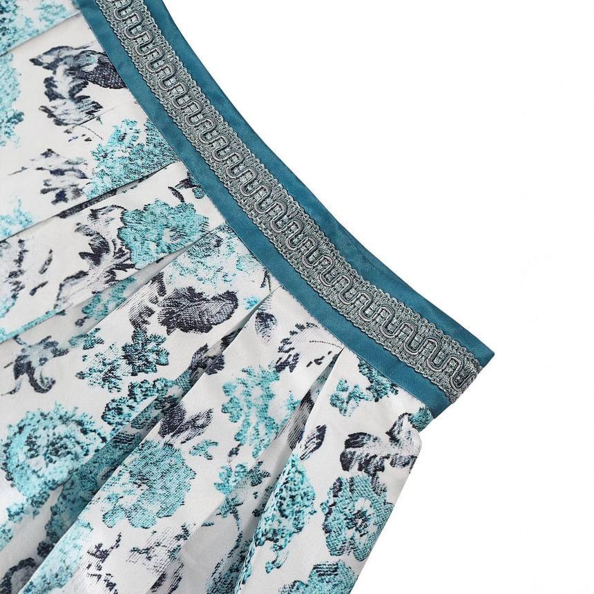 High Waist Midi Floral Print Pleated A-Line Skirt Product Image