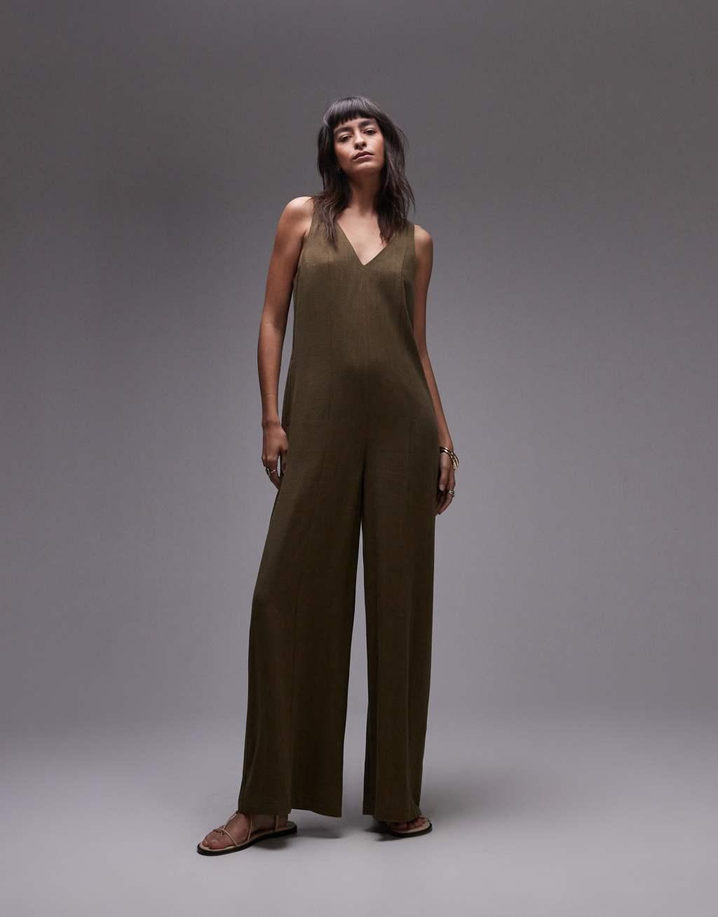 Topshop V neck bermuda jumpsuit in khaki Product Image