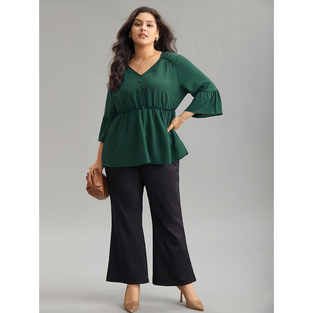 Plus Size DarkGreen Plisse Button Detail Elastic Waist Blouse Women Work From Home Elbow-length sleeve V-neck Work Blouses BloomChic 18-20/2X Product Image