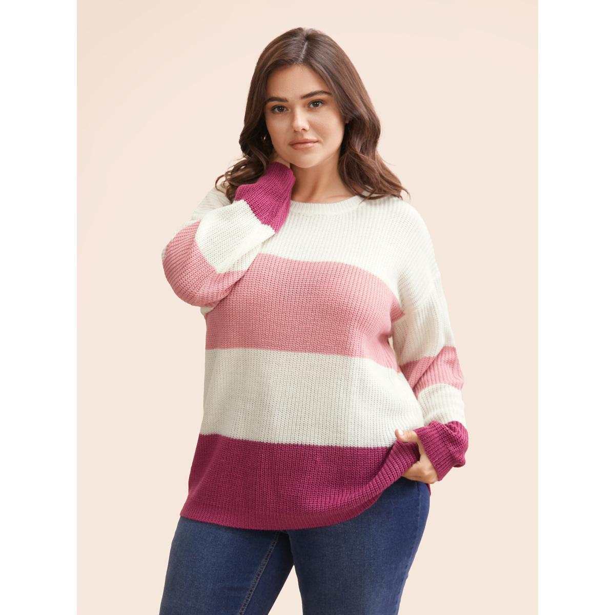 Plus Size Round Neck Colorblock Contrast Pullover RedViolet Women Casual Long Sleeve Round Neck Everyday Pullovers BloomChic 30/6X Product Image