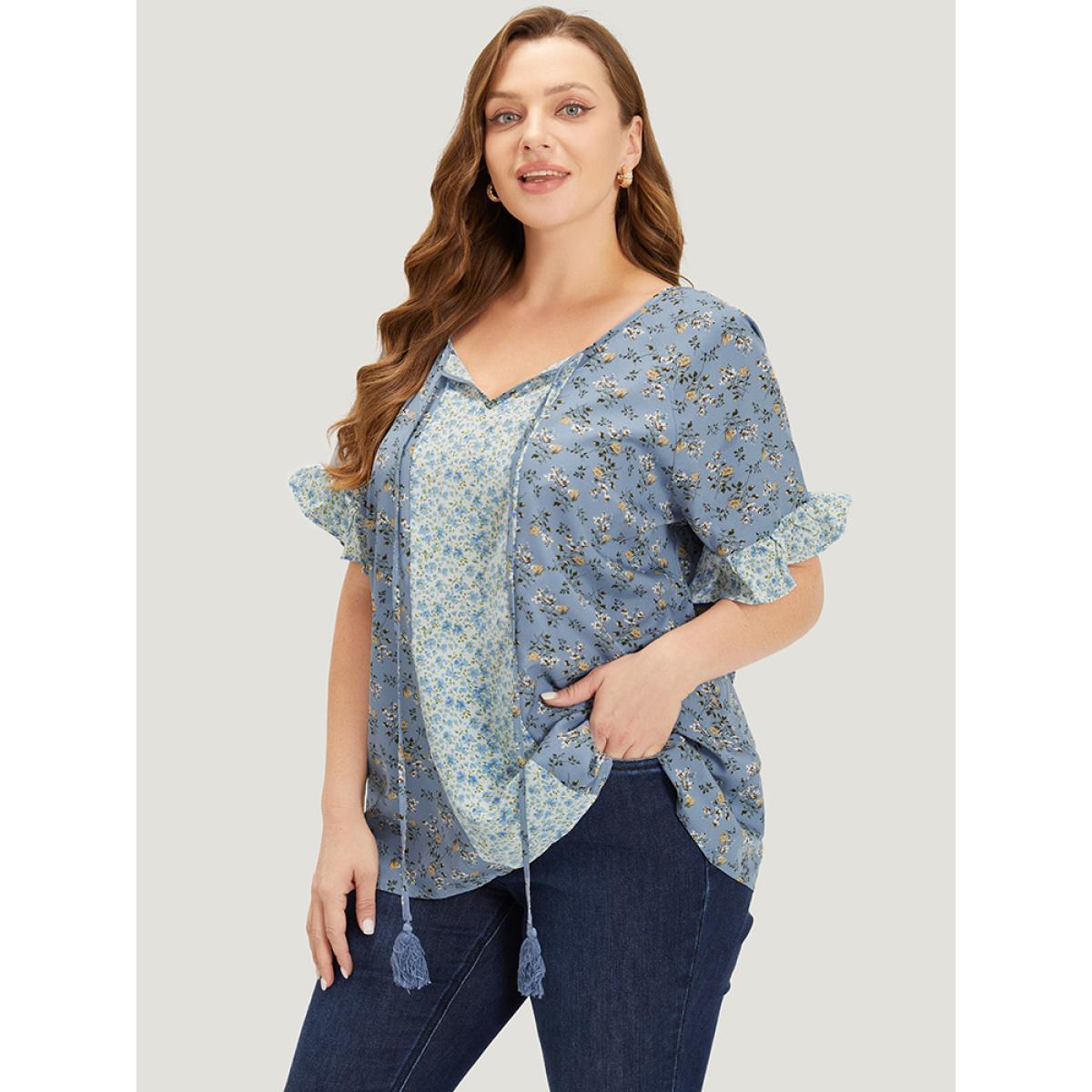 Plus Size Stone Ditsy Floral Tassels Tie Patchwork Ruffle Sleeve Blouse Women Elegant Short sleeve Tie Neck Dailywear Blouses BloomChic 18-20/2X Product Image