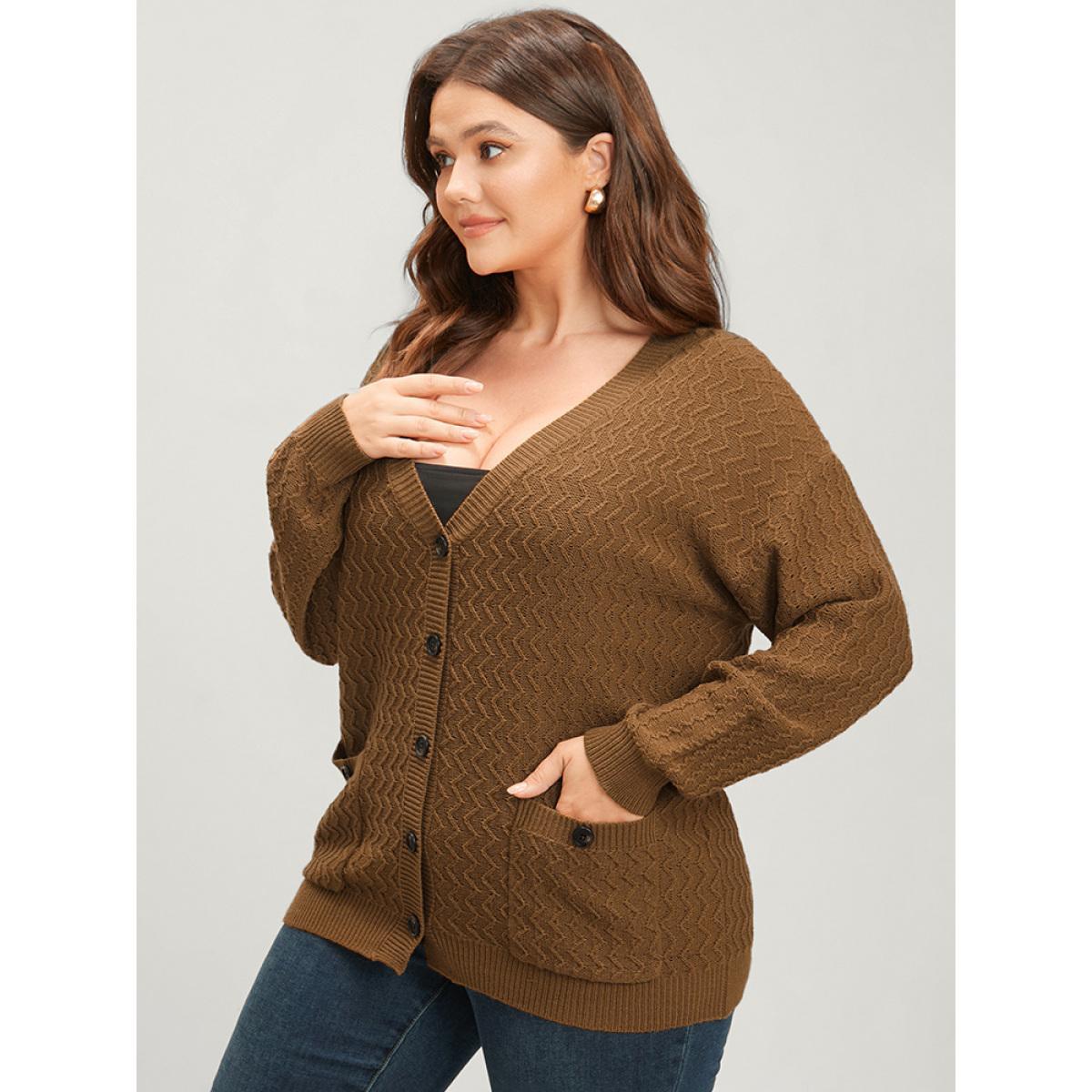 Plus Size Plain Pointelle Knit Geometric Crochet Pocket Button Front Cardigan Bronze Women Casual Loose Long Sleeve Dailywear Cardigans BloomChic 12/L Product Image