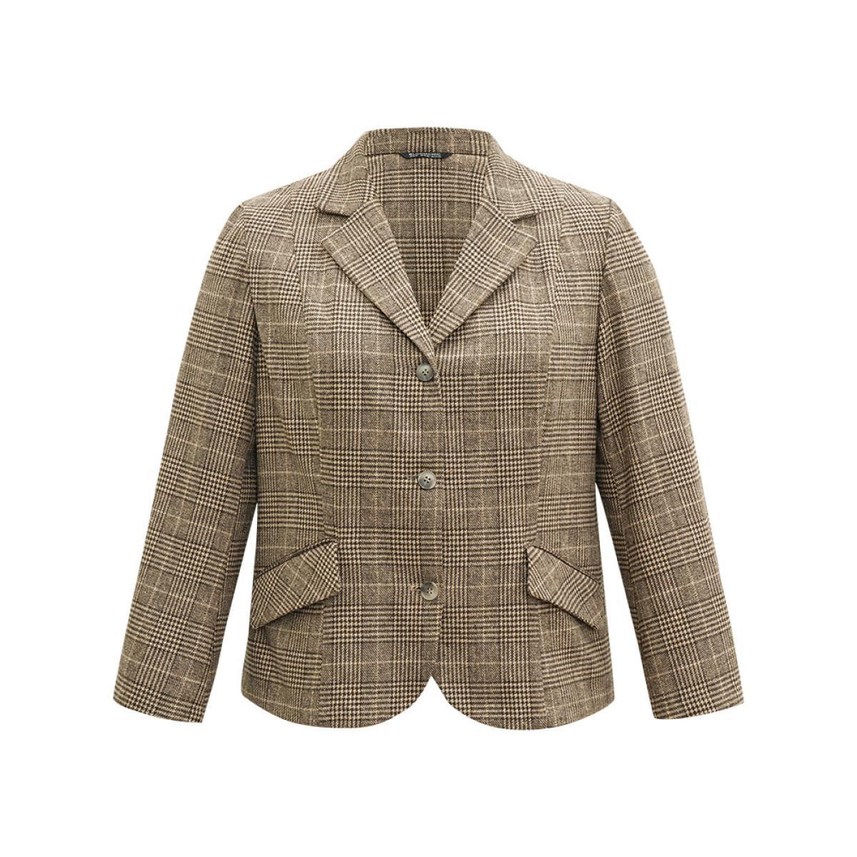 Plus Size Houndstooth Suit Collar Flap Pocket Button Up Blazer Tan Women Dailywear Houndstooth Contrast Sleeve Long Sleeve Suit Collar 30/6X Pocket Casual Blazers BloomChic Product Image