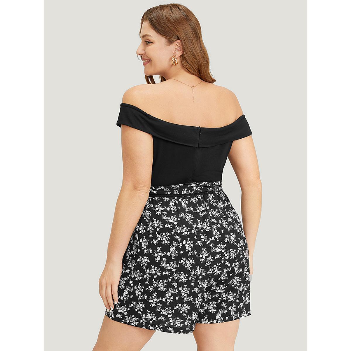 Plus Size Black Ditsy Floral Patchwork Pocket Belted Off Shoulder Romper Women Elegant Sleeveless One-shoulder neck Dailywear Loose Jumpsuits BloomChic 14-16/1X Product Image