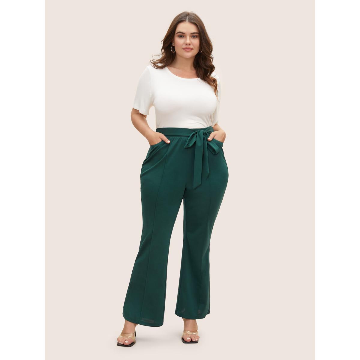 Plus Size Plain Tie Knot Mid Rise Bootcut Pants Women DarkGreen Elegant Bootcut Mid Rise Everyday Pants BloomChic 18-20/2X Product Image