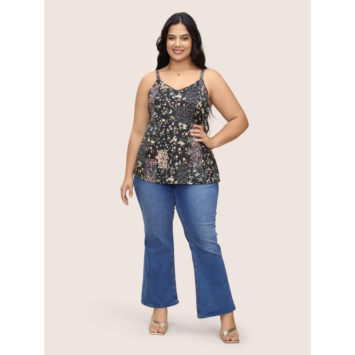 Plus Size V Neck Ditsy Floral Patchwork Cami Top Women Black Elegant Contrast V-neck Everyday Tank Tops Camis BloomChic 10/M Product Image