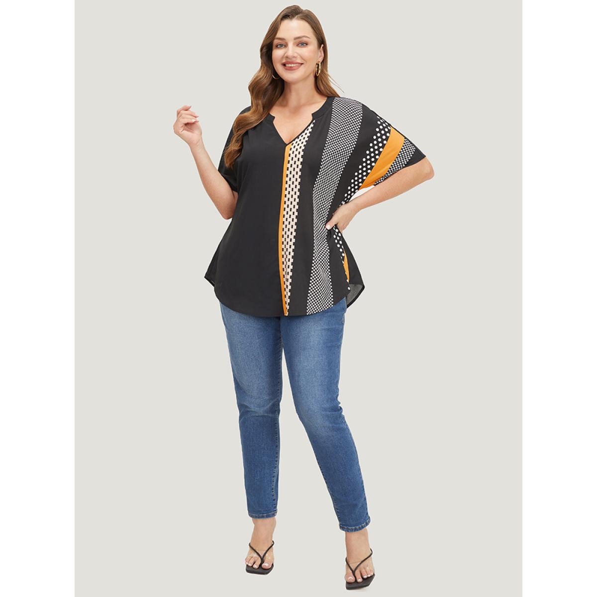 Plus Size Black Contrast Patchwork Notched Arc Hem Blouse Women Elegant Short sleeve Notched collar Dailywear Blouses BloomChic 22-24/3X Product Image