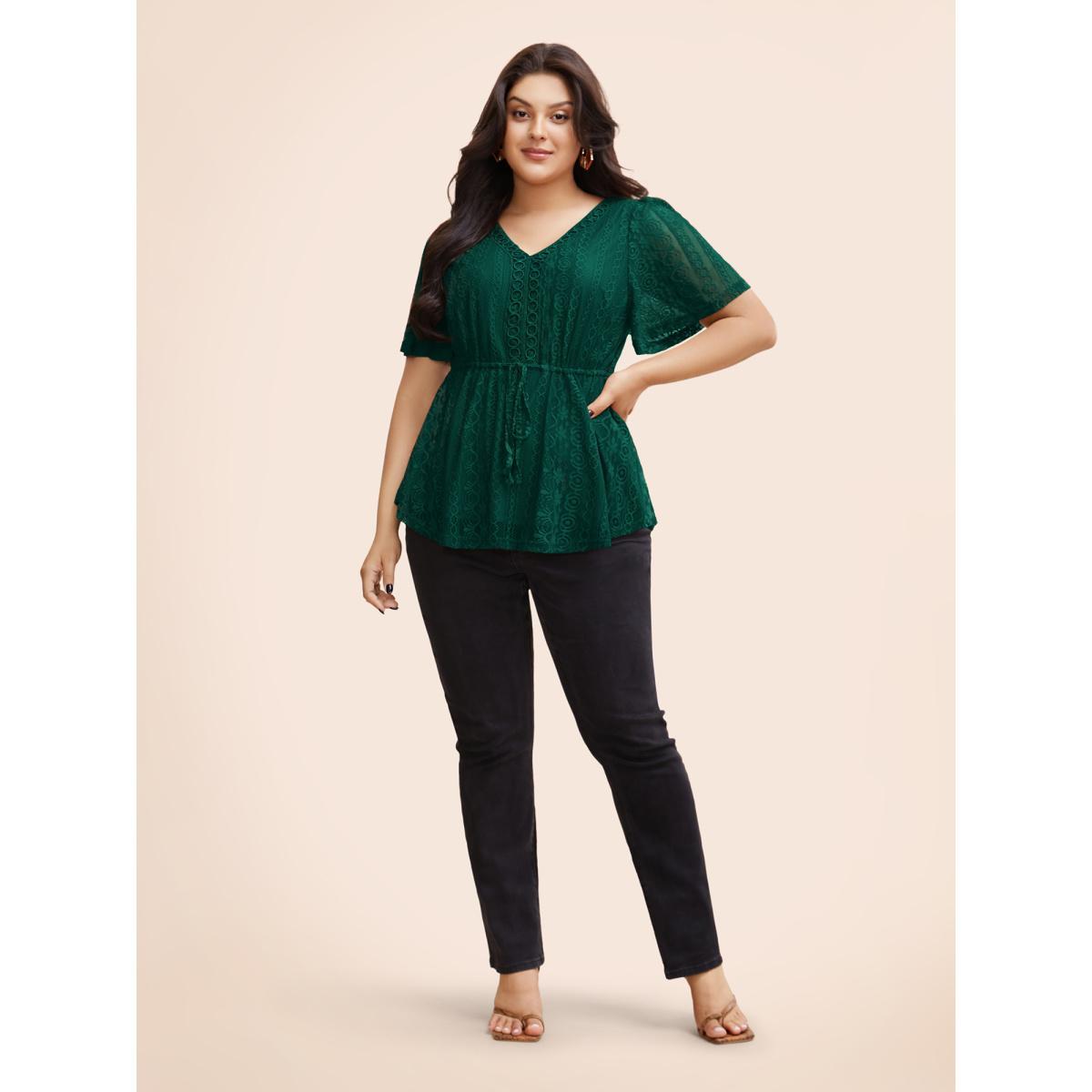 Plus Size DarkGreen V Neck Lace Panel Drawstring Blouse Women Elegant Short sleeve V-neck Everyday Blouses BloomChic 30/6X Product Image