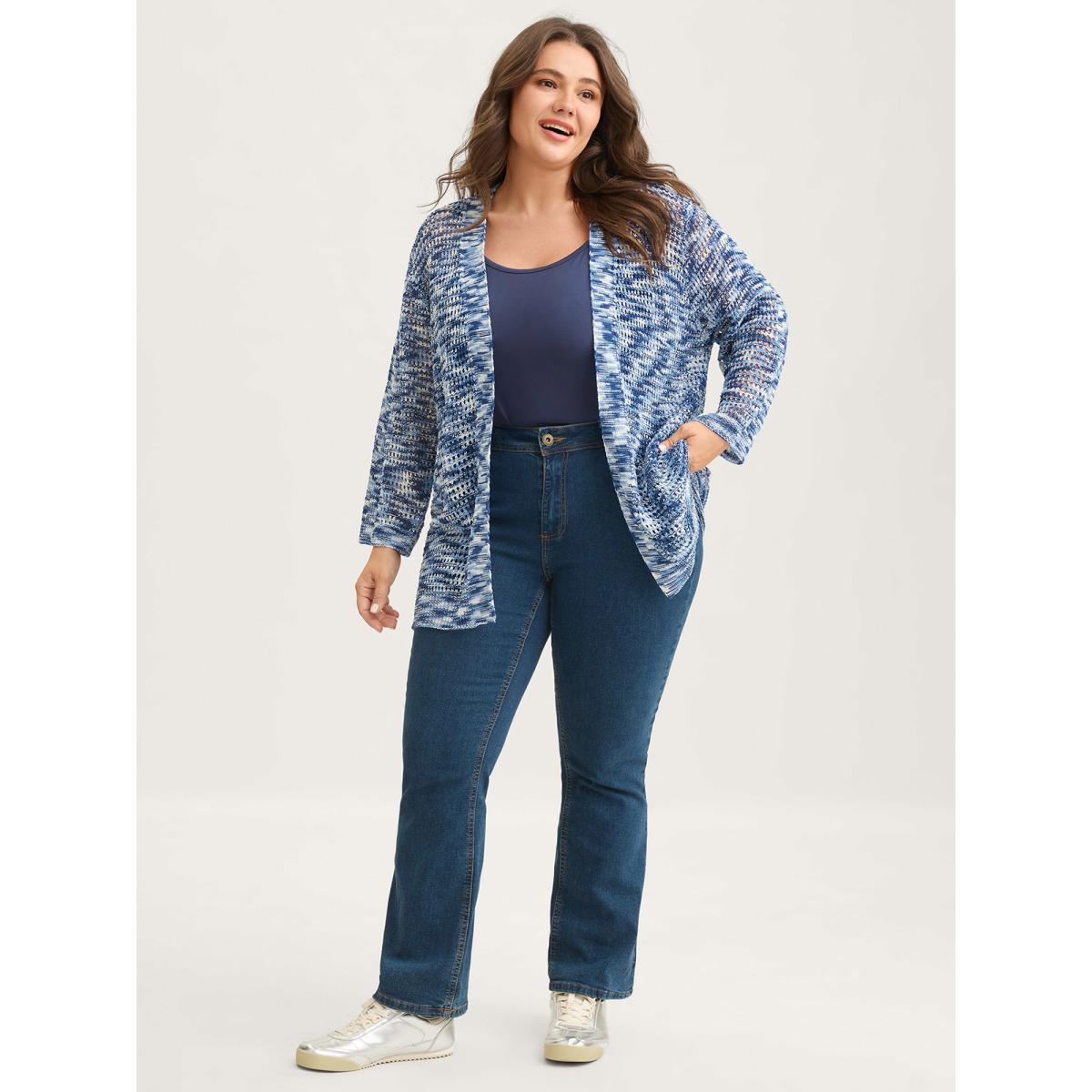 Plus Size Abstract Textured Cut-Out Knit Cardigan Mediumblue Women Loose Sleeveless Everyday-Casual Cardigans BloomChic 26/4X Product Image