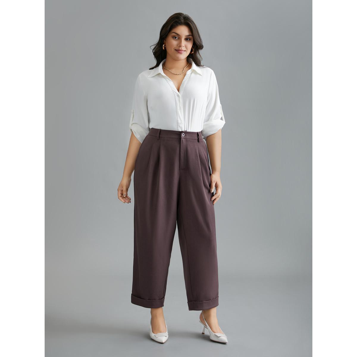 Plus Size Cuffed Hem Pleated Straight Leg Pants Women Mauve At the Office Straight Leg Mid Rise Work Pants BloomChic 14-16/1X Product Image