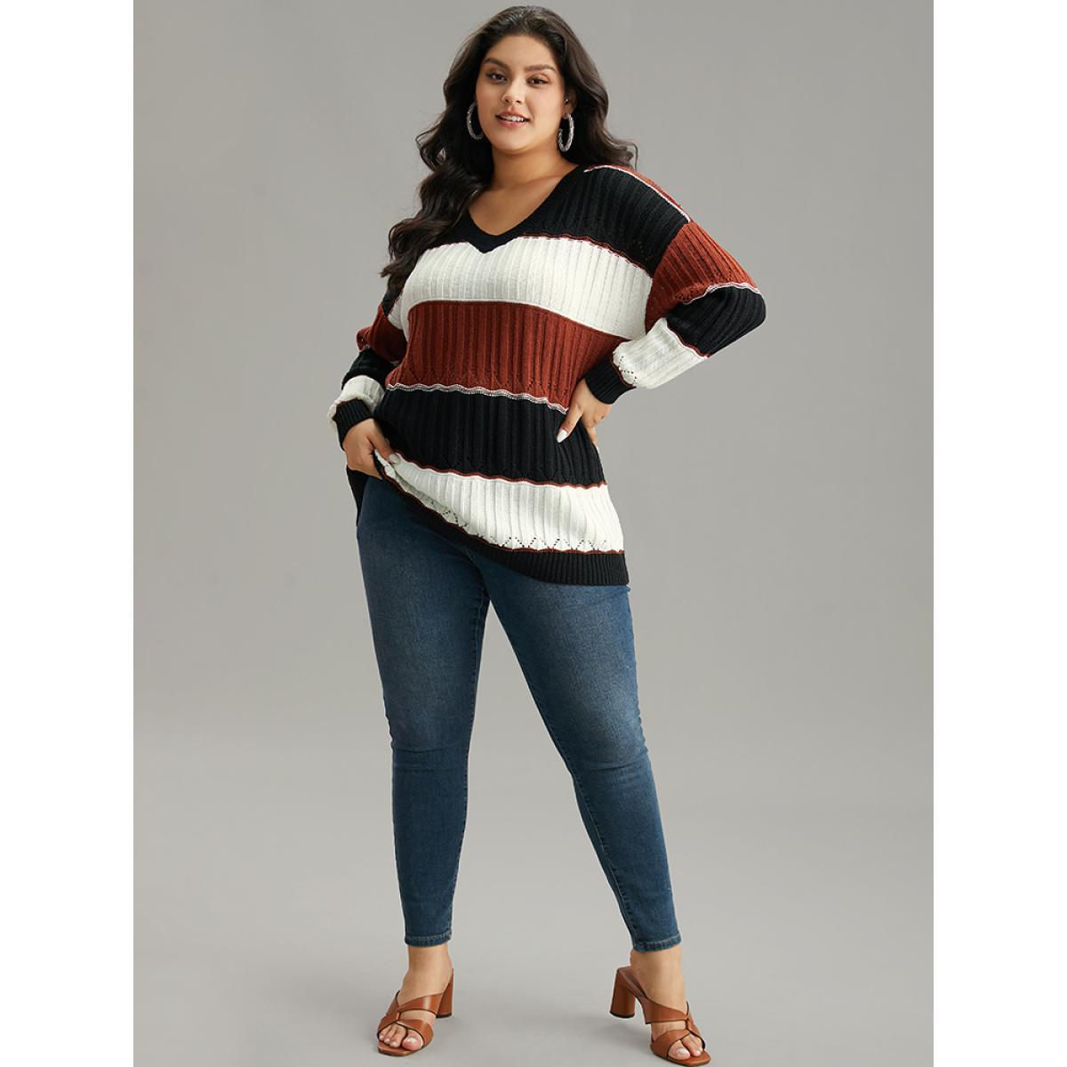 Plus Size Colorblock Contrast Hollow Out Drop Shoulder Pullover Multicolor Women Casual Loose Long Sleeve V-neck Dailywear Pullovers BloomChic 18-20/2X Product Image