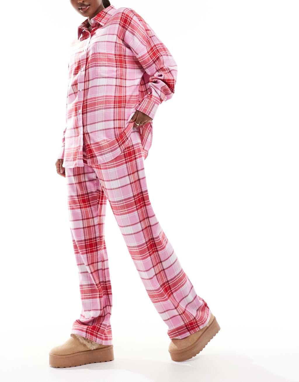 Cotton On relaxed flannel pajama shirt in pink red plaid Product Image