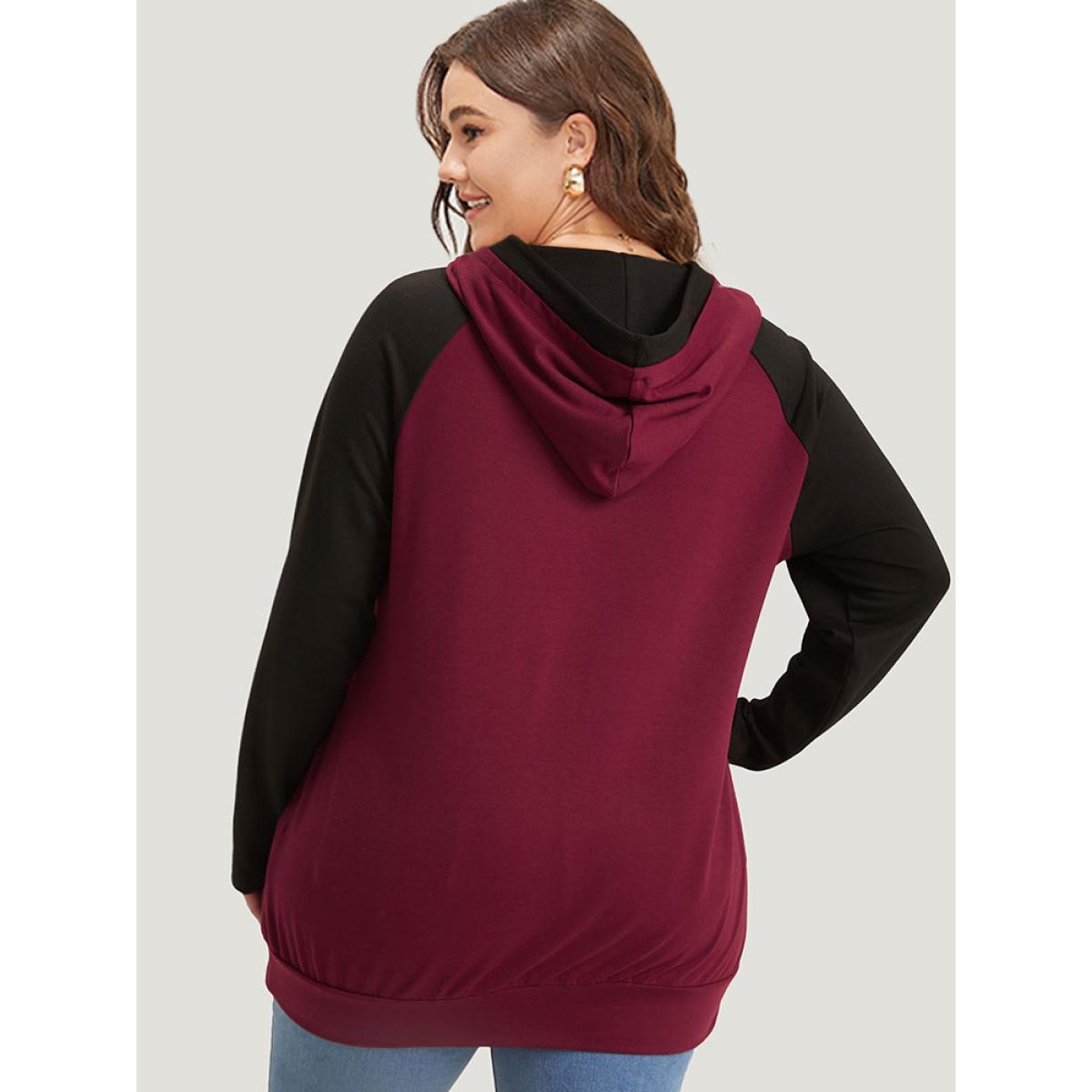 Plus Size Letter Print Contrast Hooded Pocket Drawstring Sweatshirt Women ArmyGreen Casual Elastic cuffs Dailywear Sweatshirts BloomChic 22-24/3X Product Image