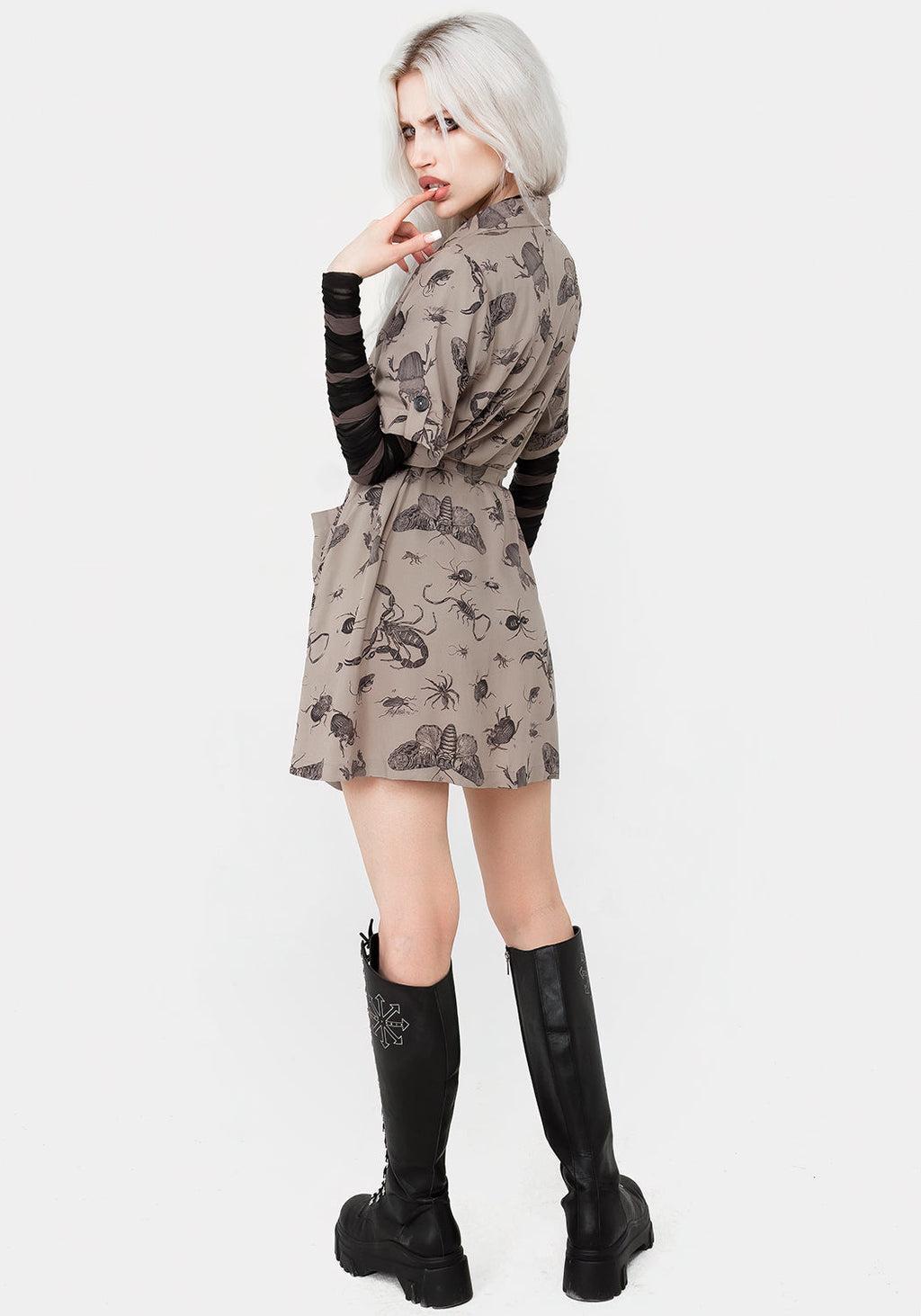 Parasite Bugs Print Mini Short Sleeve Shirt Dress - Taupe Product Image