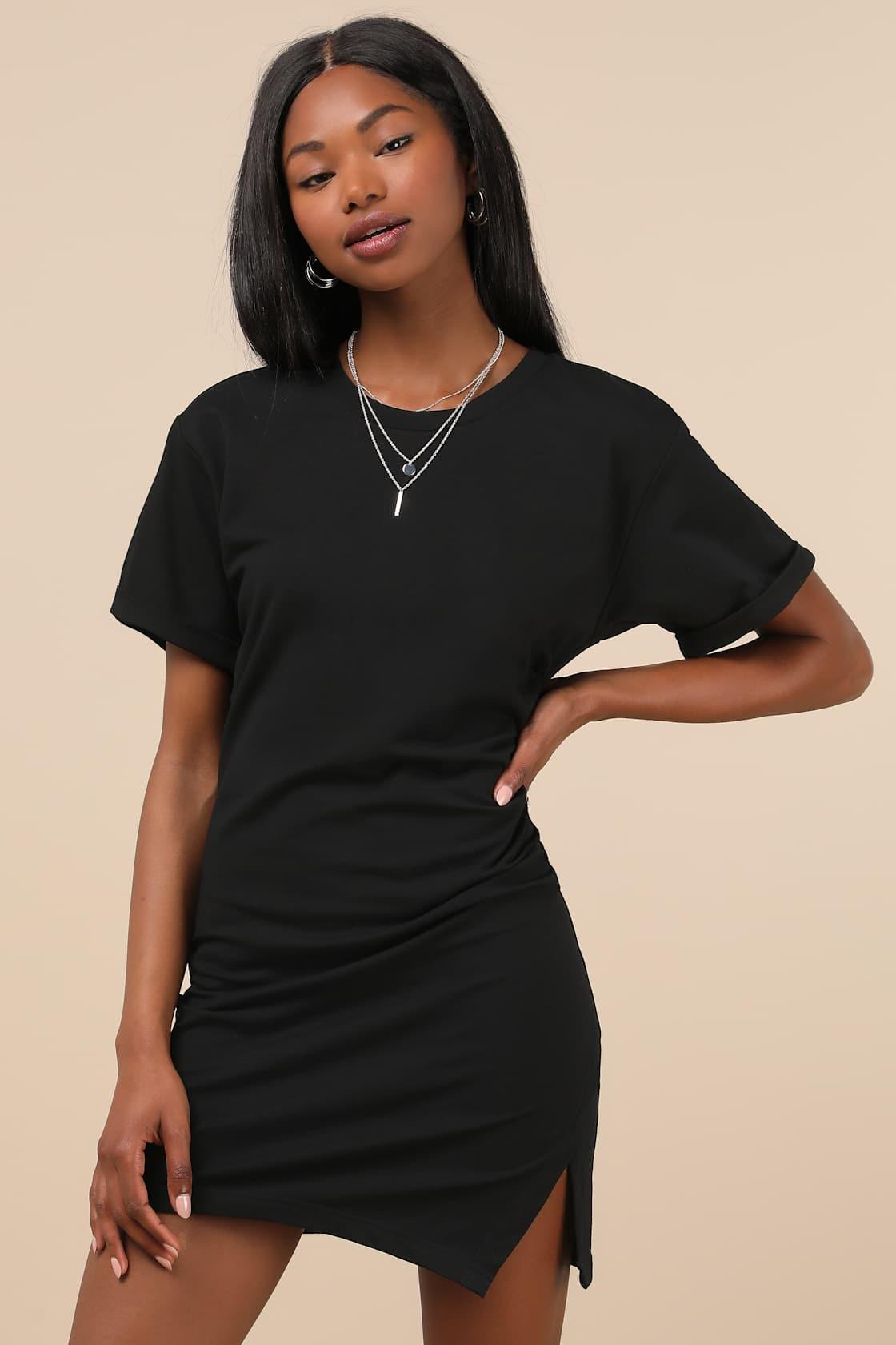 Effortless Approach Black Ruched Short Sleeve Mini Dress Product Image