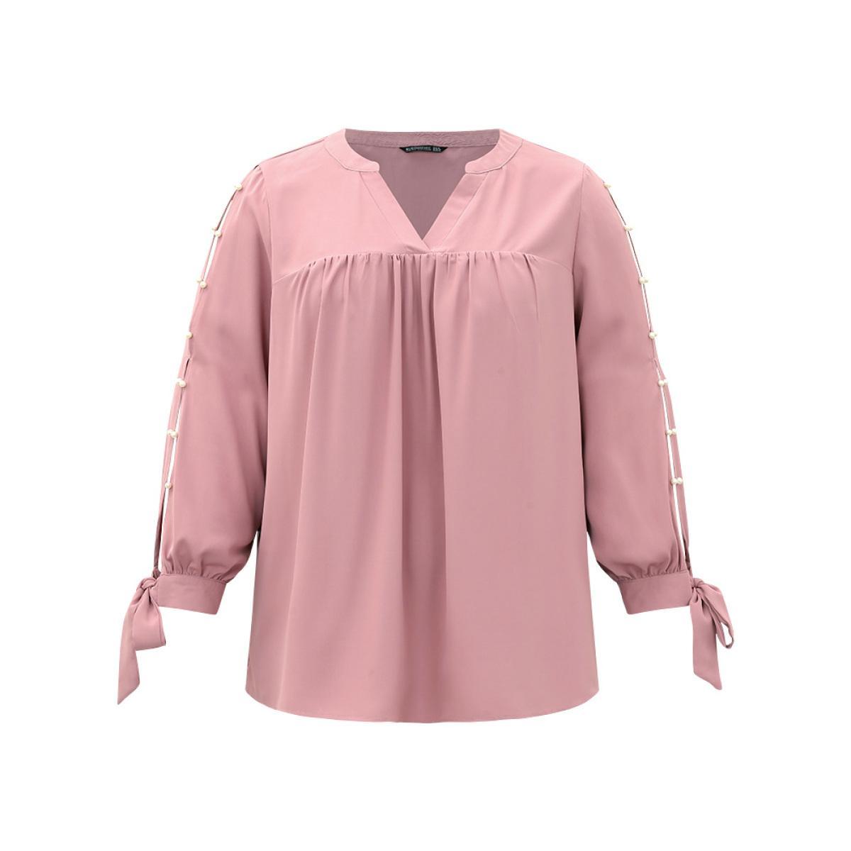 Plus Size DustyPink Plain Pleated Ties Beaded Notched Blouse Women Elegant Long Sleeve Notched collar Dailywear Blouses BloomChic 30/6X Product Image