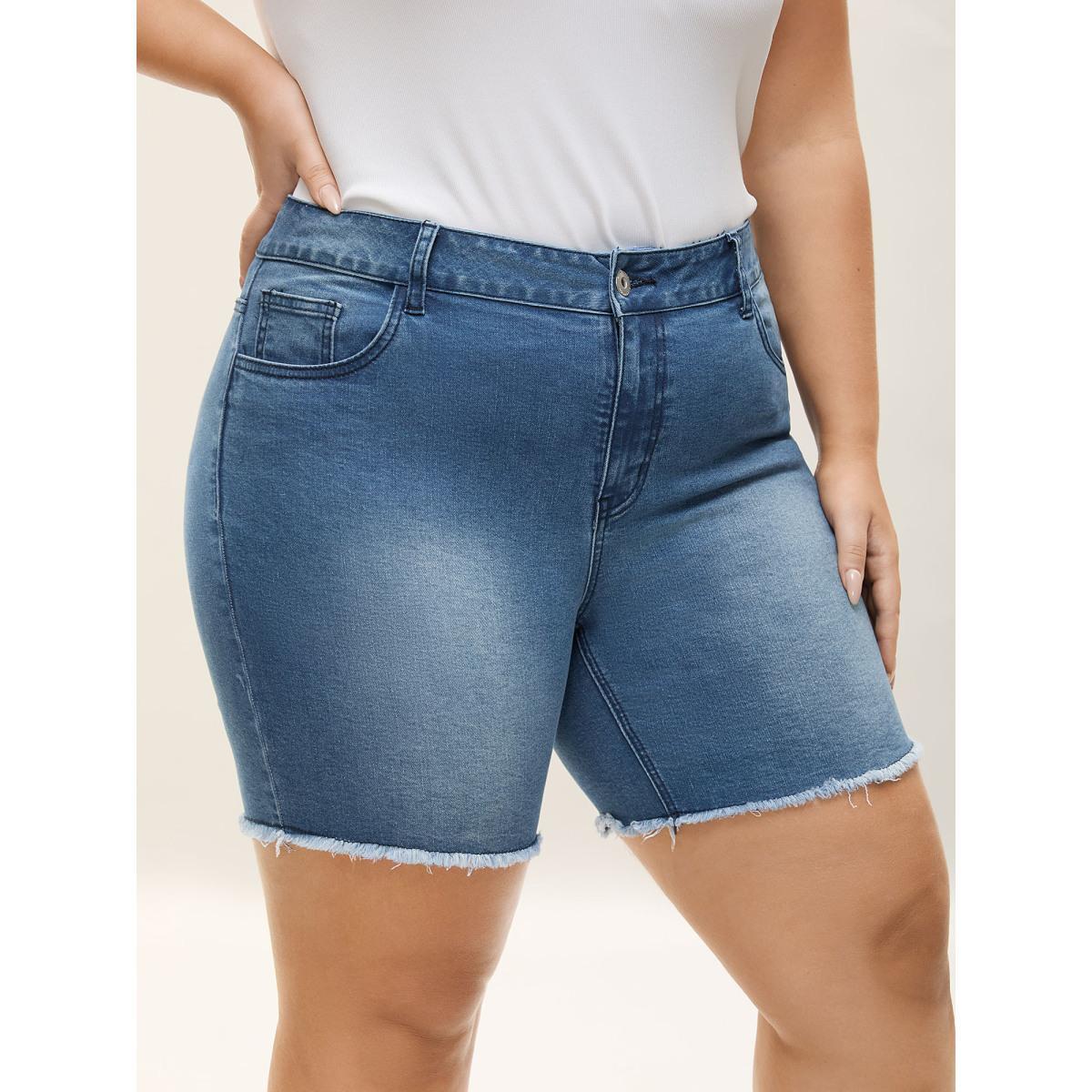 Plus Size Frayed Hem High Rise Denim Shorts Women Midblue Medium stretch Everyday-Casual Slanted pocket Denim Shorts BloomChic 10/M Product Image