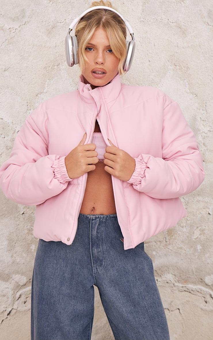 Pink Back Bow Detail Cropped Puffer Jacket Product Image
