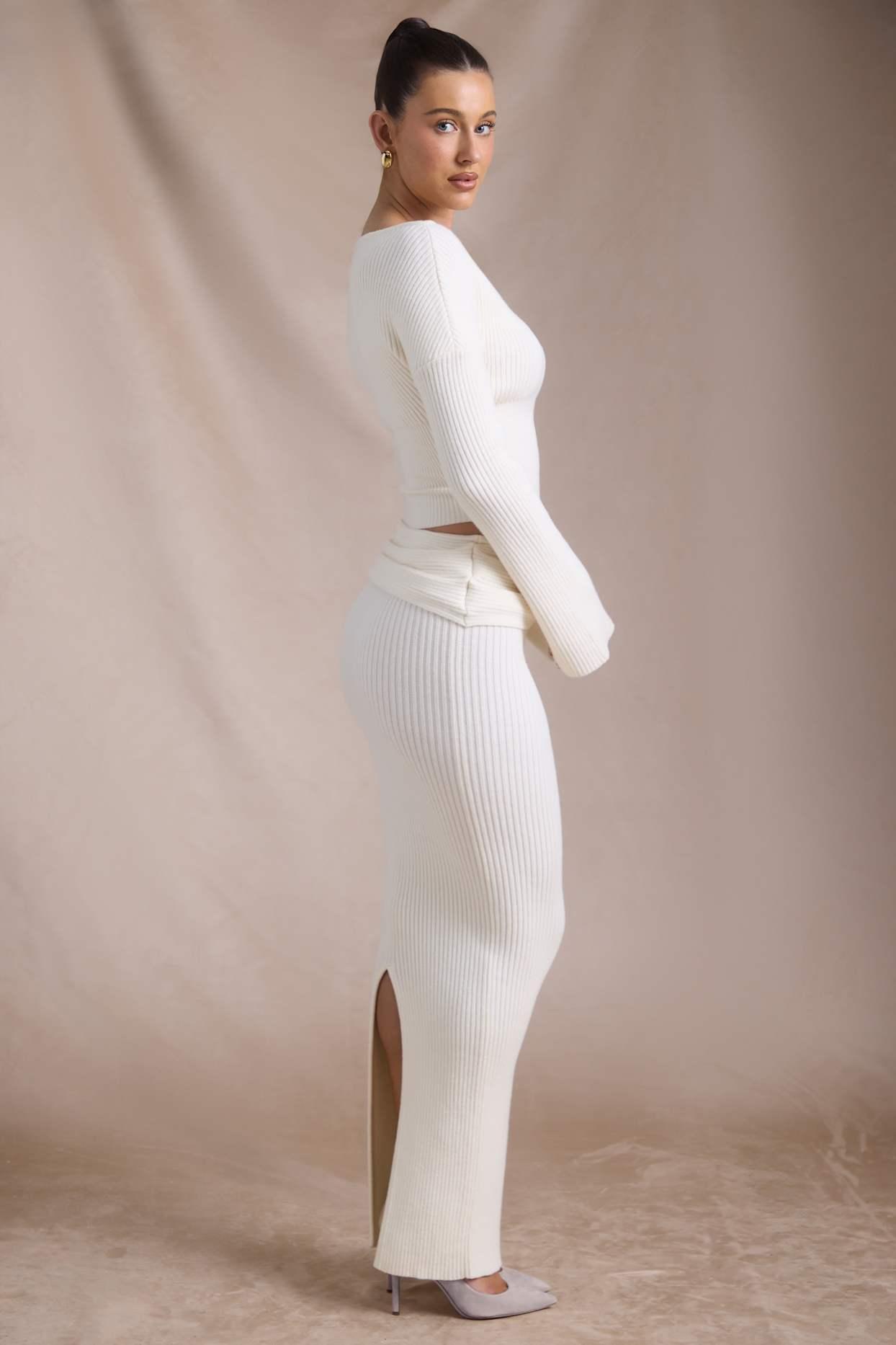 Ribbed-Knit Slash-Neck Top in Ivory Product Image
