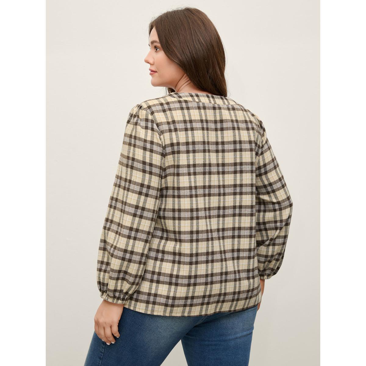 Plus Size DarkBrown Plaid Print Neck Tie-Up Blouse Women Long Sleeve V-neck Work Blouses BloomChic 18-20/2X Product Image