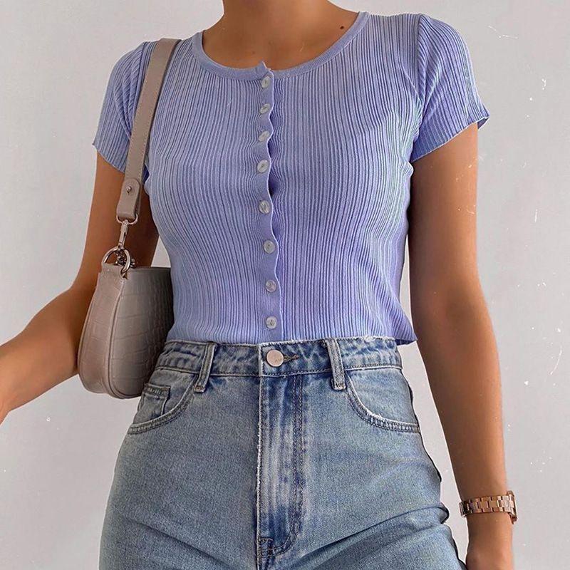 Ribbed Button-Up Short-Sleeve Crop Top Product Image