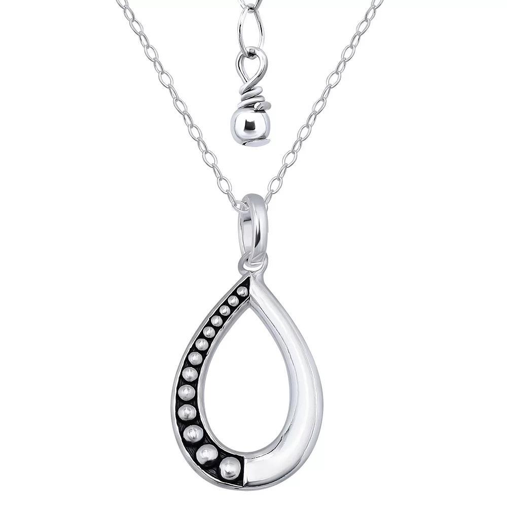Aleure Precioso Sterling Silver 1/2 Beaded & 1/2 Polished Open Teardrop Pendant Necklace, Women's, Size: 16-18" ADJ Product Image