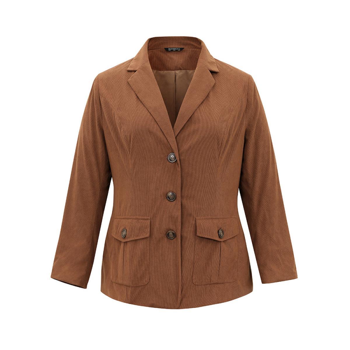 Plus Size Corduroy Suit Collar Button Up Flap Detail Blazer DarkBrown Women Dailywear Plain Lined Sleeve Long Sleeve Suit Collar 28/5X Pocket Casual Blazers BloomChic Product Image