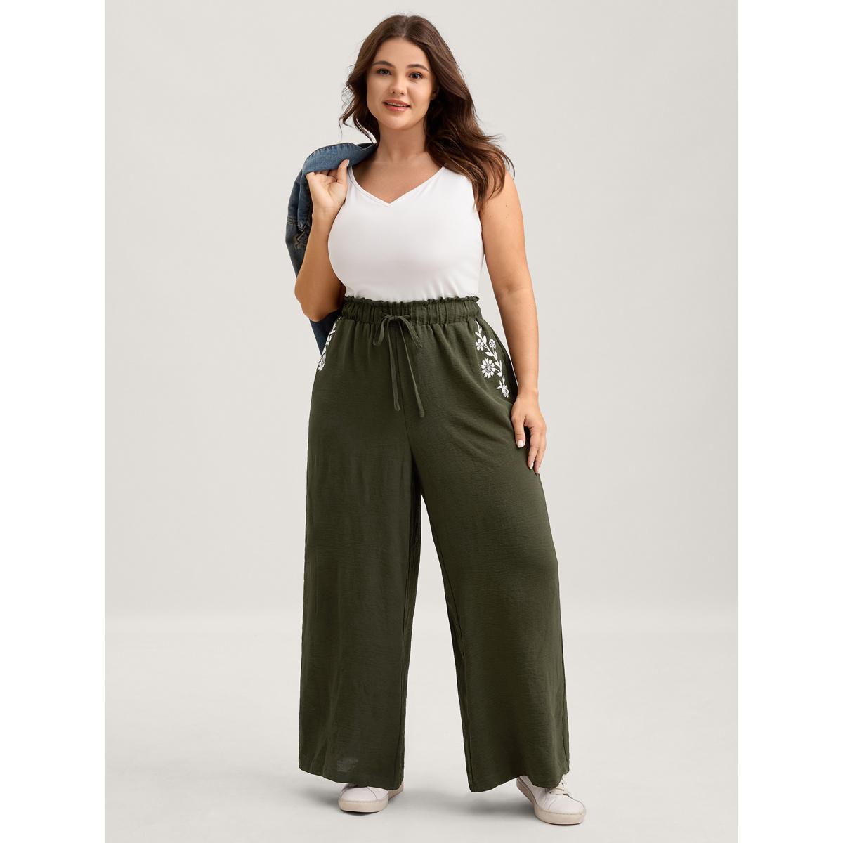 Plus Size Floral Embroidered Pockets Wide-Leg Pants Women ArmyGreen Casual Loose Mid Rise Everyday-Casual Pants BloomChic 10/M Product Image