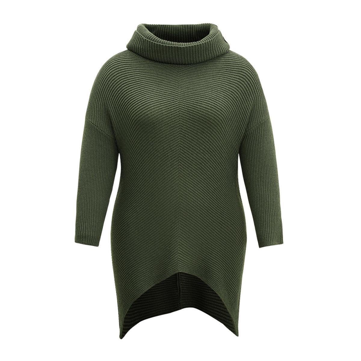 Plus Size Turtle Neck Plain Asymmetrical Hem Drop Shoulder Pullover ArmyGreen Women Casual Loose Long Sleeve Turtleneck Dailywear Pullovers BloomChic 18-20/2X Product Image