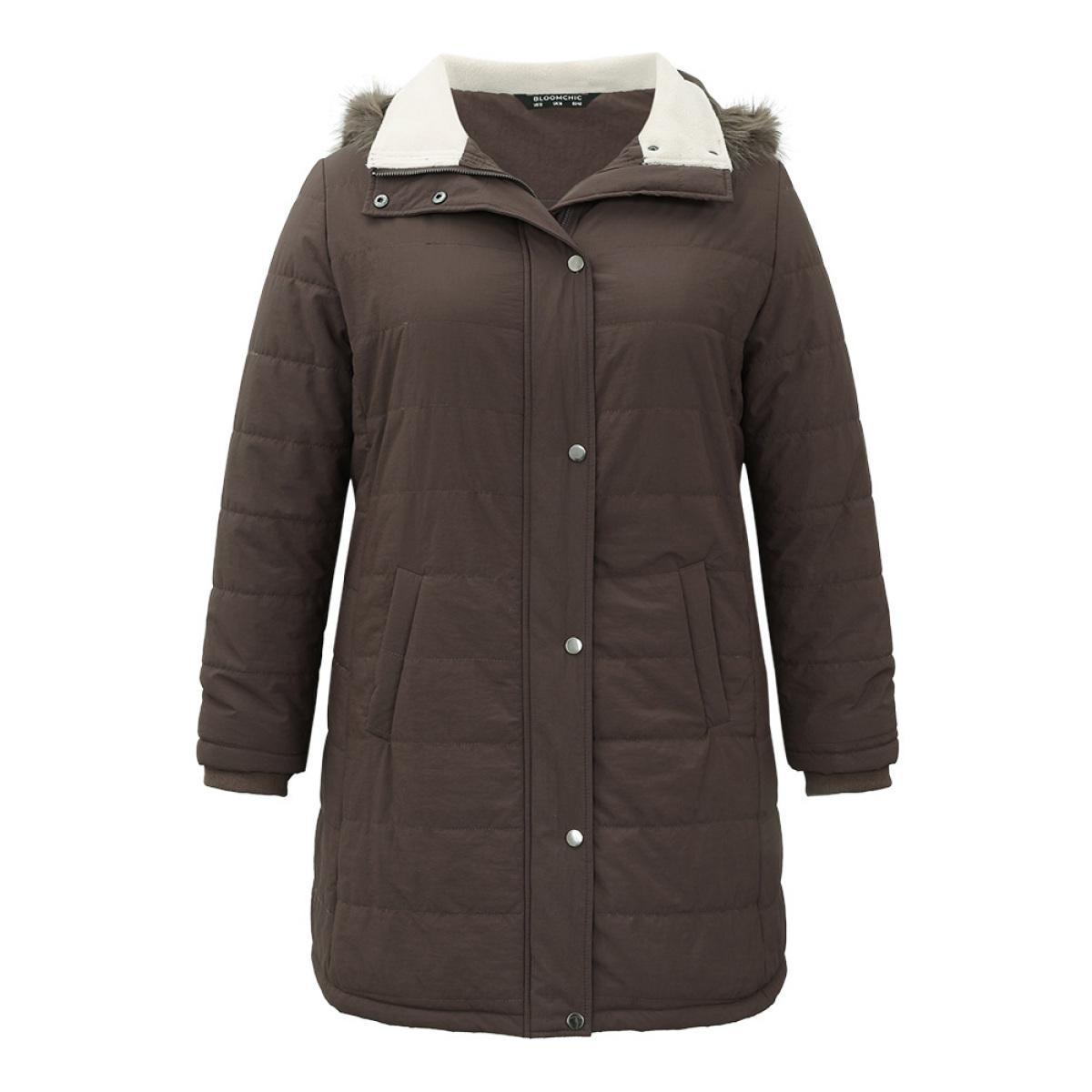 Plus Size Contrast Pocket Fuzzy Detail Zipper Fly Coat Women DarkBrown Casual Rib Knit Ladies Dailywear Winter Coats BloomChic 22-24/3X Product Image