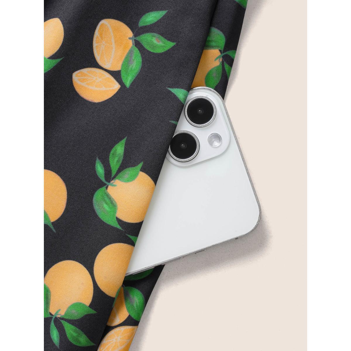 Plus Size Citrus Orange Print Pleated Frill Trim Cami Dress Black Women Elegant Frill Trim Non Sleeveless Curvy Midi Dress BloomChic 18-20/2X Product Image