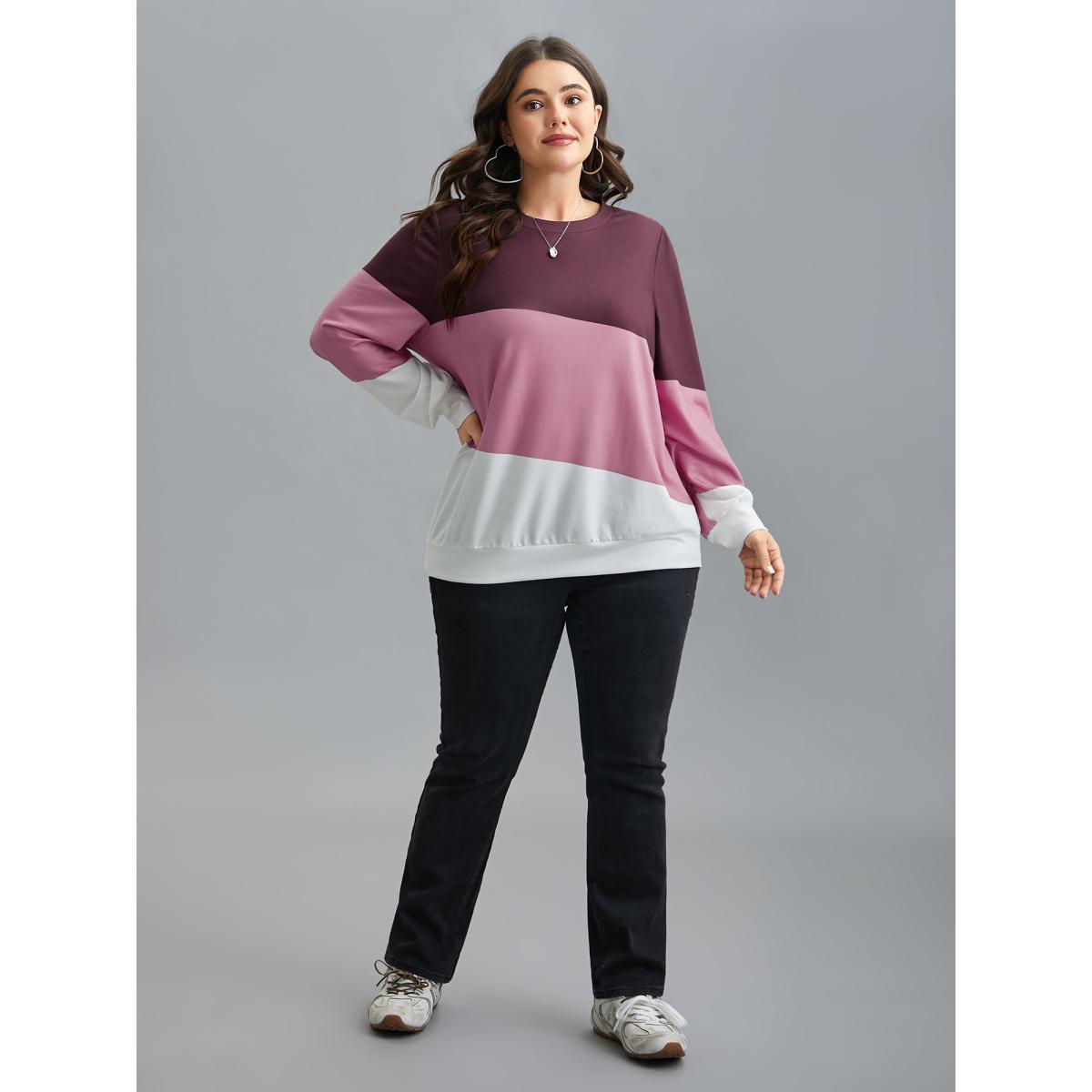 Plus Size Color Block Round Neck Sweatshirt Women Multicolor Casual Contrast V-neck Everyday Sweatshirts BloomChic 14-16/1X Product Image