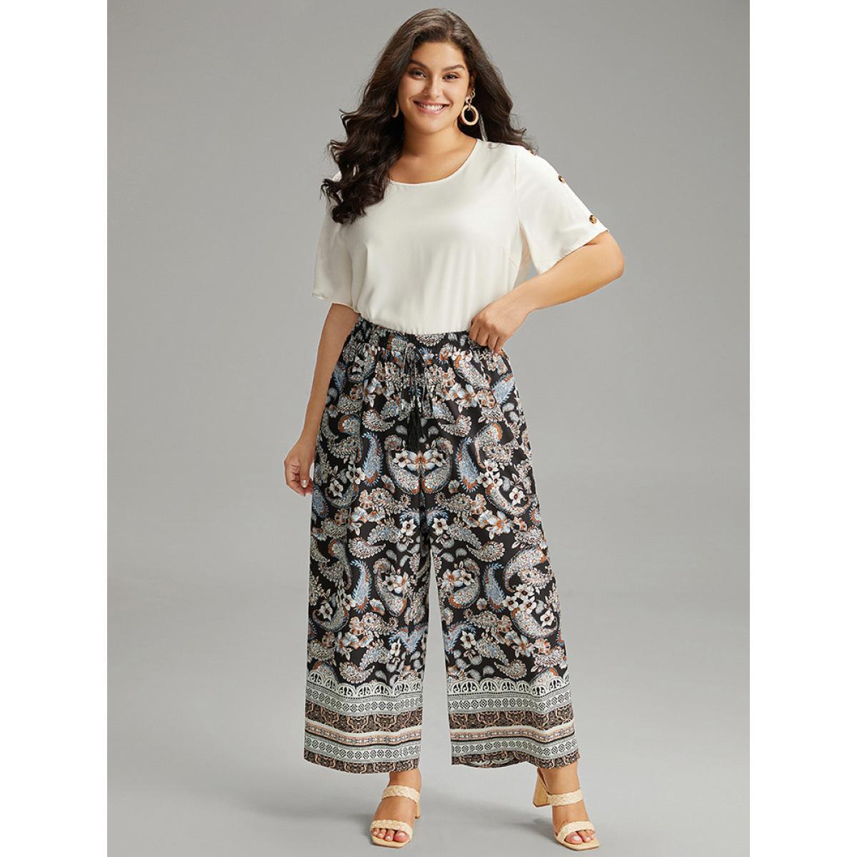 Plus Size Boho Print Tassel Elastic Waist Pants Women Black Resort Straight Leg High Rise Vacation Pants BloomChic 30/6X Product Image