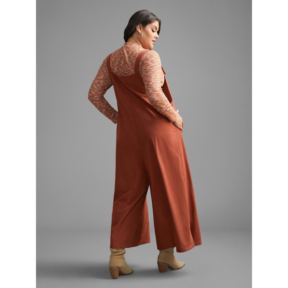 Plus Size Rust Solid Corduroy Wide Leg Overall Women Casual Sleeveless Non Everyday Loose Jumpsuits BloomChic 22-24/3X Product Image