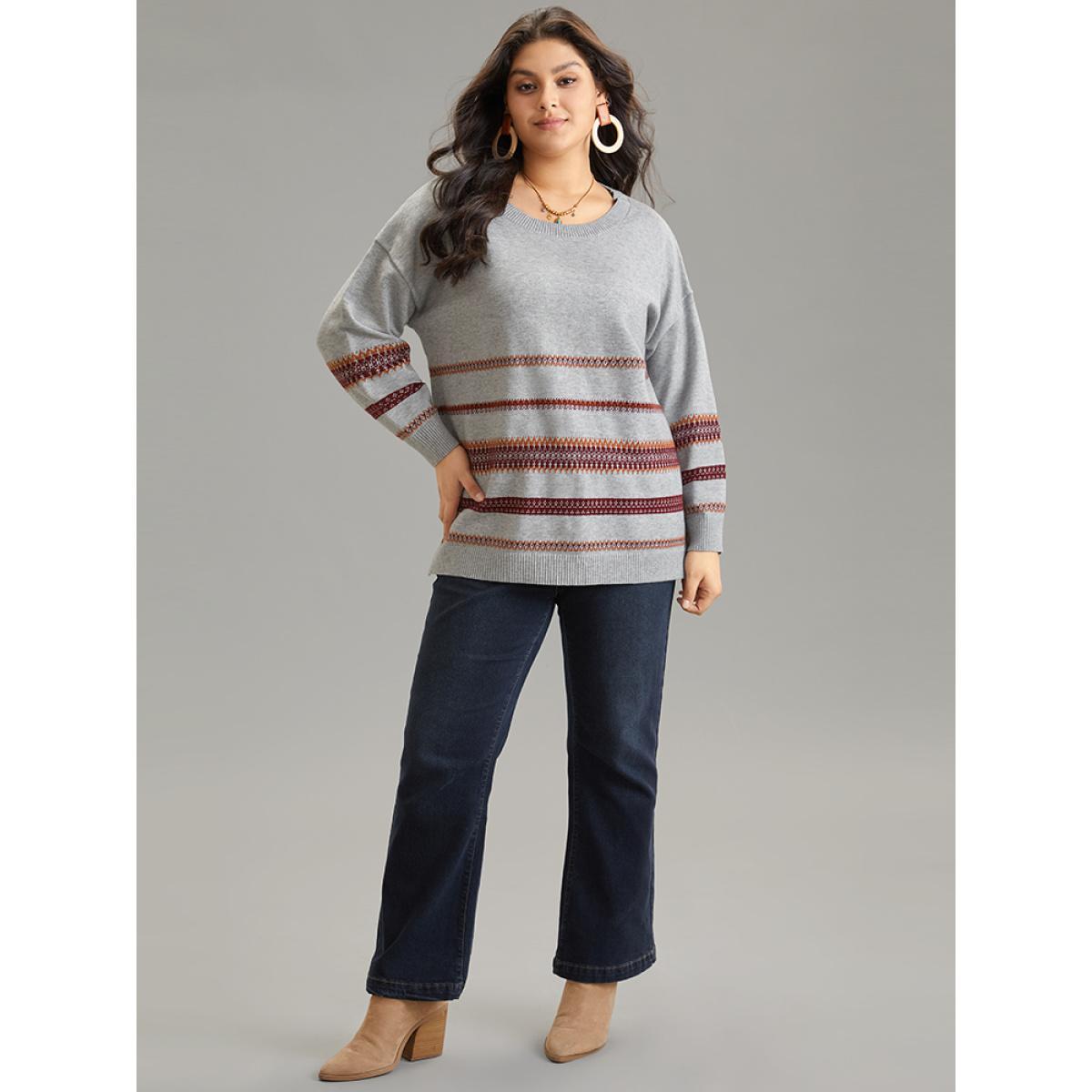 Plus Size Supersoft Essentials Anti-Pilling Bandana Striped Pullover Silver Women Casual Loose Long Sleeve Round Neck Dailywear Pullovers BloomChic 14-16/1X Product Image