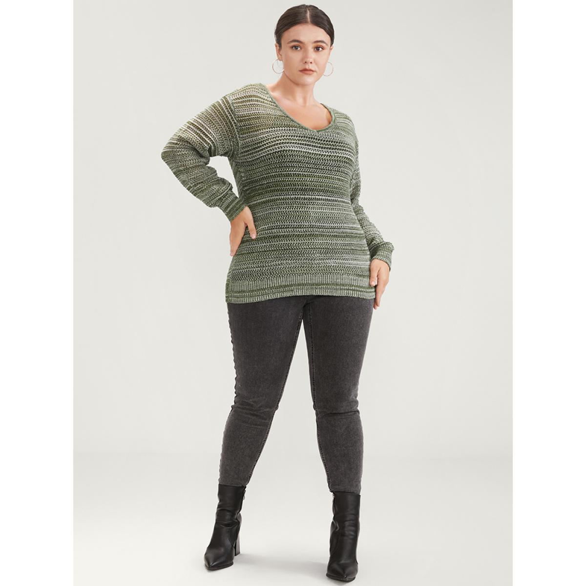 Plus Size Ombre Spacedye Knit V Neck Crochet Knit Top Multicolor Women Casual Loose Long Sleeve V-neck Dailywear Pullovers BloomChic 30/6X Product Image