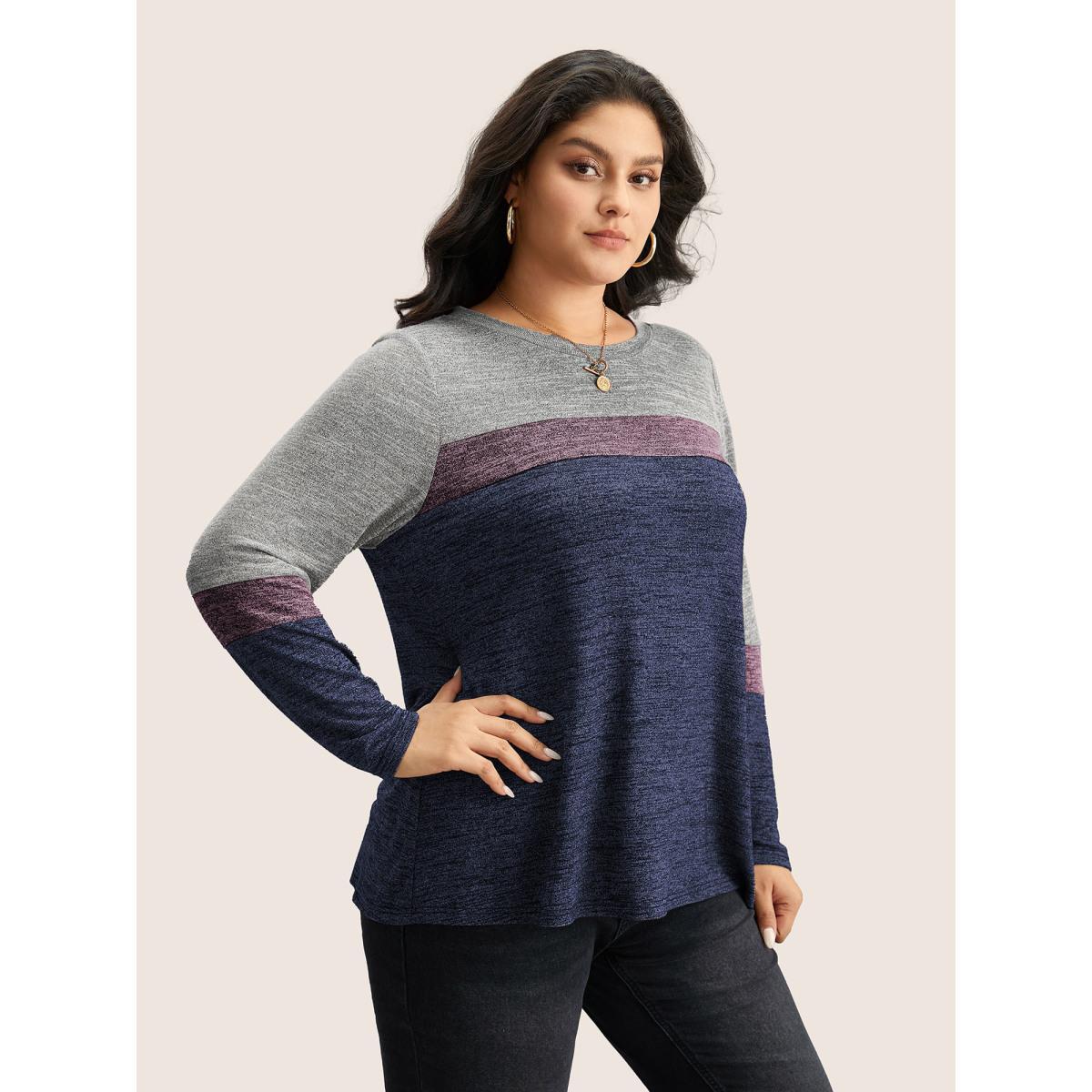 Plus Size Heather Colorblock Contrast Crew Neck T-shirt Blue Women Casual Texture Plain Round Neck Everyday T-shirts BloomChic 28/5X Product Image